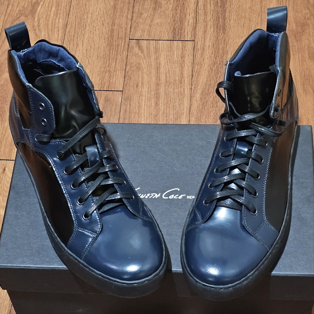Kenneth Cole Black and Blue High-Top Patent Leather Sneakers.